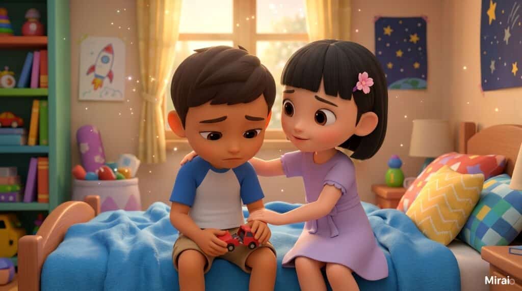 Girl consoling boy on a bed