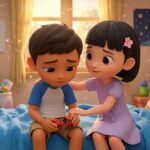 Girl consoling boy on a bed