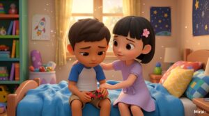 Girl consoling boy on a bed